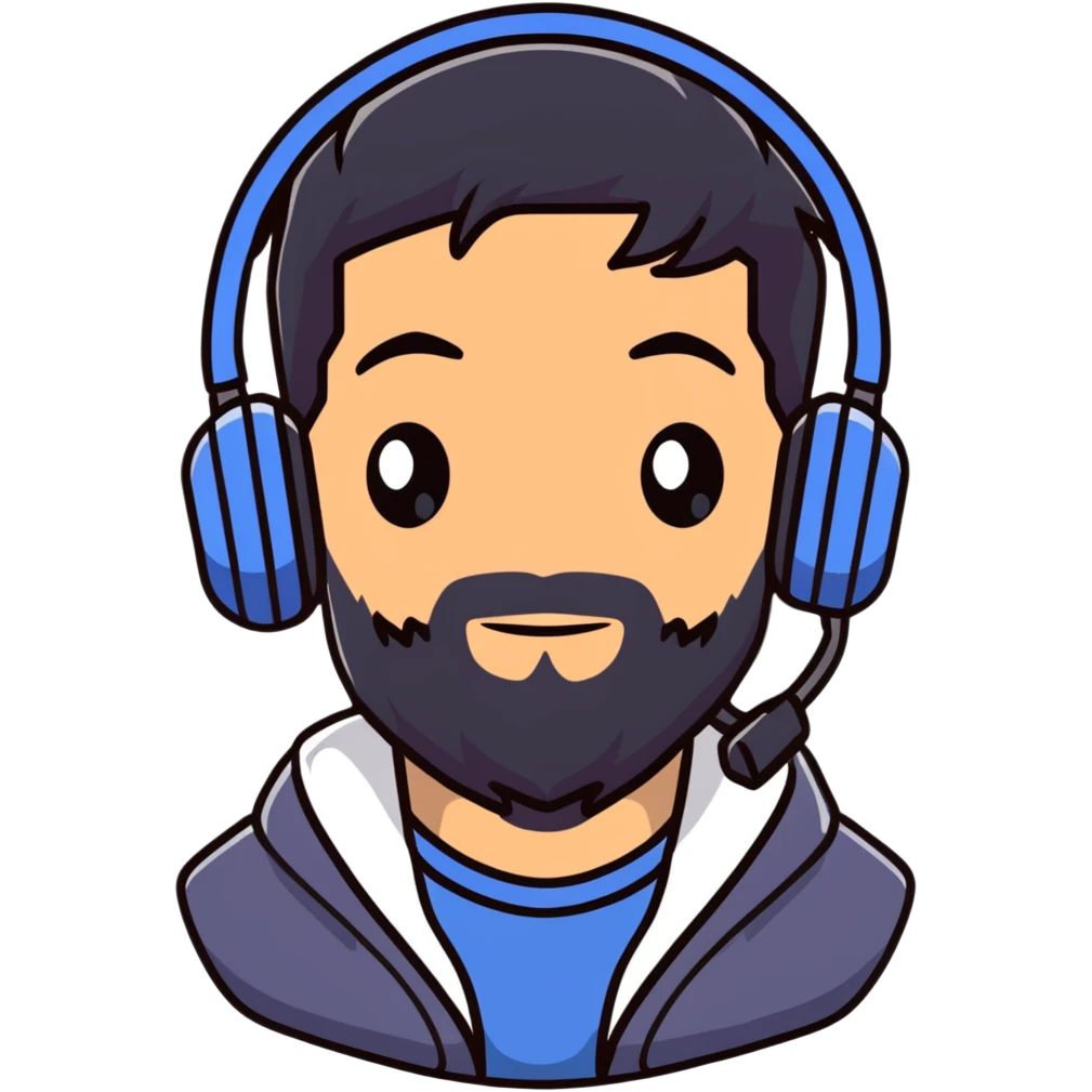 A person with black hair, brown eyes, a black beard, wearing a gaming headset emoji