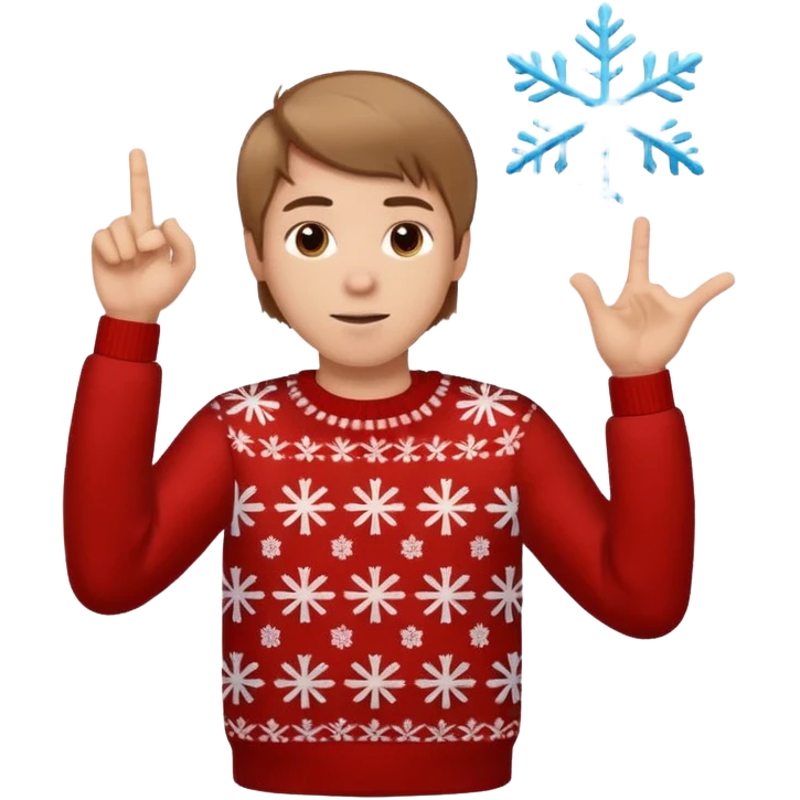 A guy pointing up with one hand and he has a christmas sweater with snowflakes in it. He has brown light hair. emoji