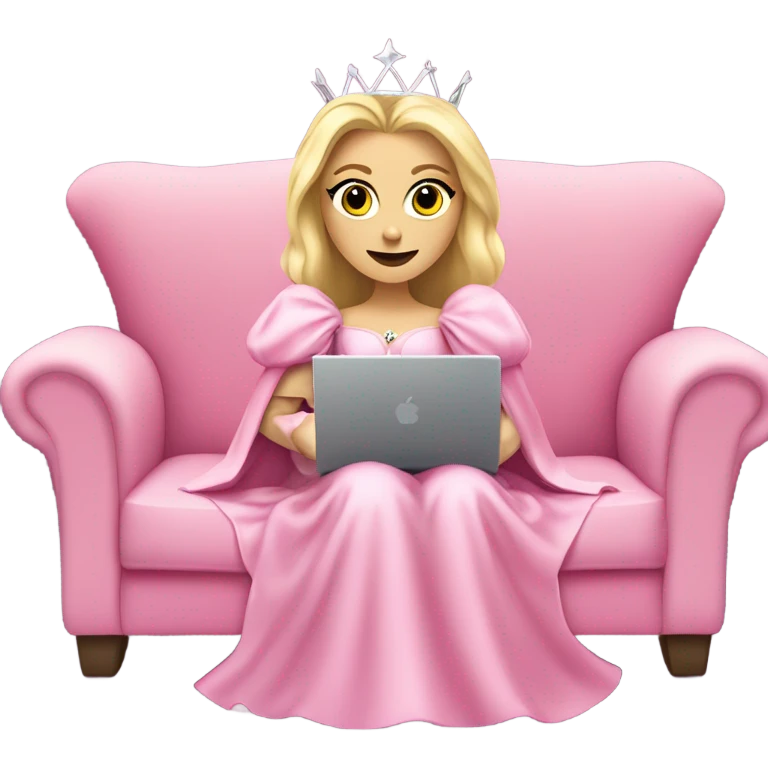 White and blonde Glinda from wicked. in her pink dress with scepter has fever coverd by a blanket on the couch with laptop on her legs emoji