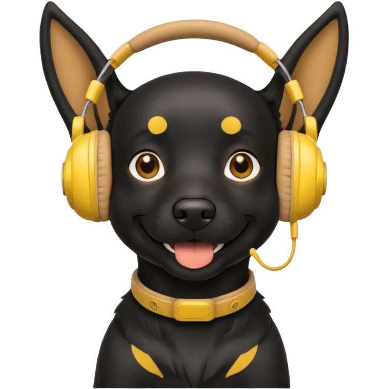 black happy dog wearing yellow headphones emoji