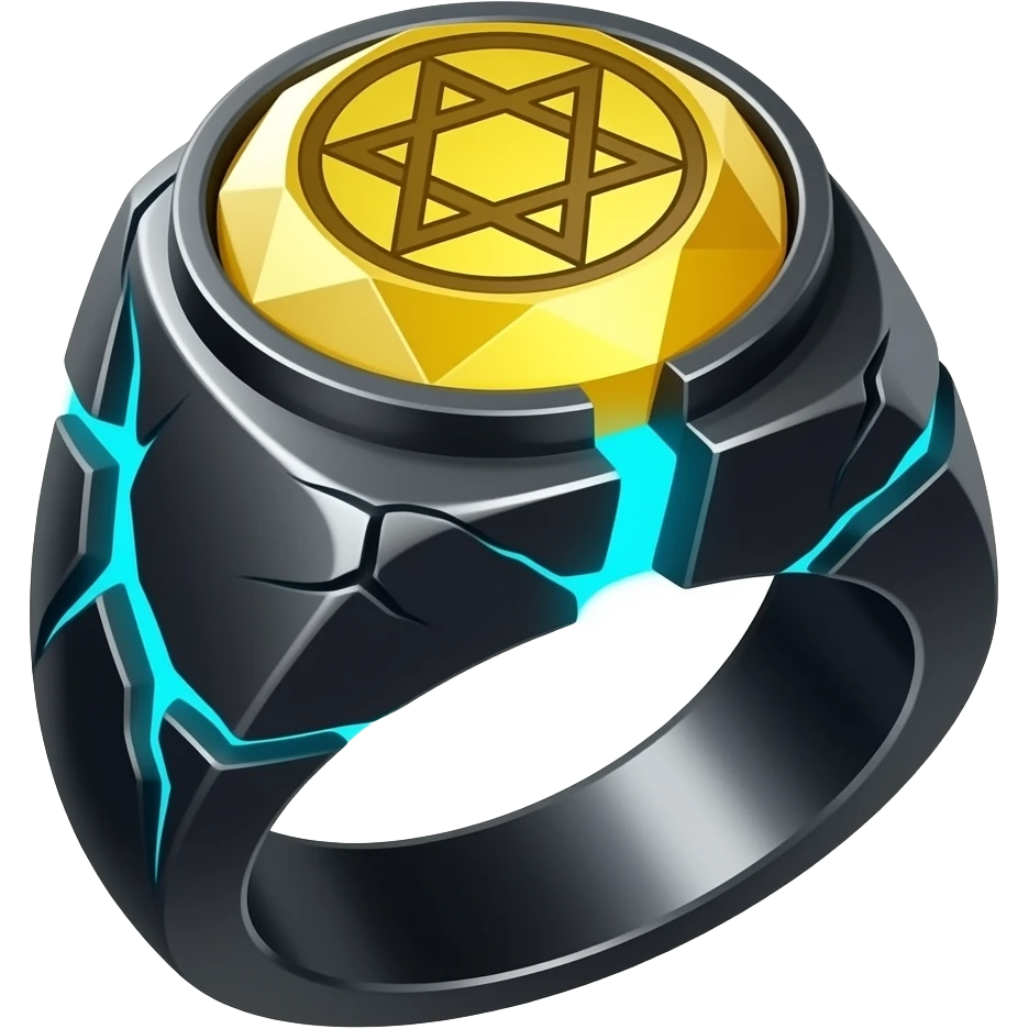 A obsidian ring with a BIG yellow gem, that has a pentacle carved into it, and a crack goin through it glowing light blue emoji