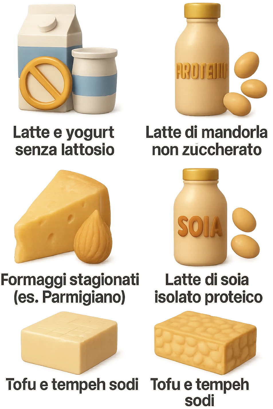 emoji stile iphone 3d di questi elementi che fluttuano in aria:

Latte e yogurt delattosati
Latte di mandorla (non zuccherato)
Latte di soia da proteine isolate
Formaggi stagionati (es. parmigiano)
Tofu compatto e tempeh
 che fluttuano in aria,  le etichette scrivile in italiano, iperealistico 4k emoji