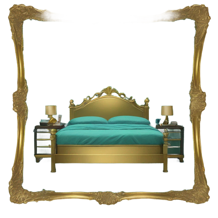 eighties bed with teal sheets and gold brass frame emoji