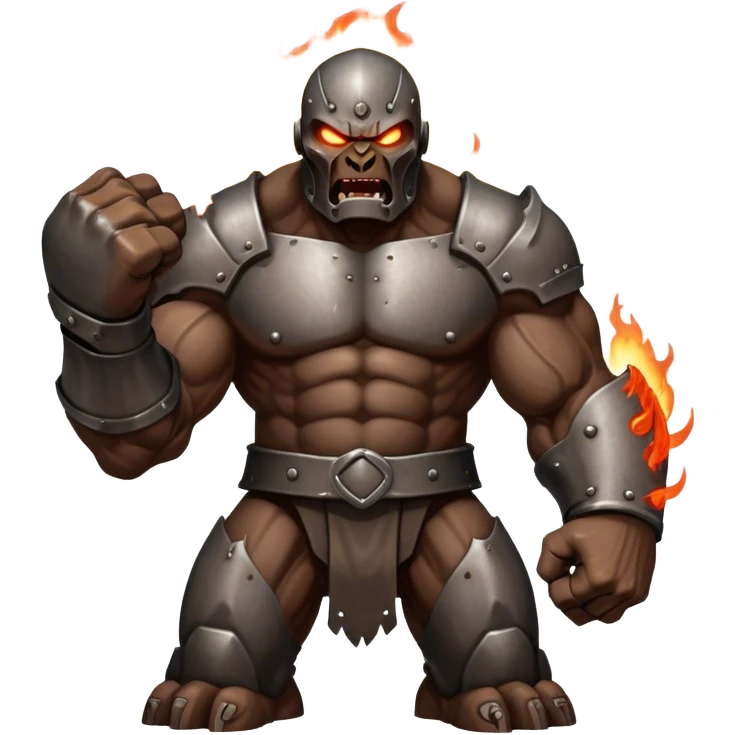 Cinematic Fierce Mighty Iron Golem Portrait Emoji Depicted mid-action in a dynamic, battle-ready stance, massive fists clenched, the ancient metallic plates along its form shifting with raw power. Its eyes blaze like molten fire within a carved, rune-etched face, exuding both divine purpose and mechanical precision. Weathered steel and dark bronze tones are accented by glowing, arcane inscriptions, each detail meticulously crafted with lifelike metallic reflections. High shine, imposing yet regal, styled with an air of indestructible might, soft glowing outline, capturing the essence of an unstoppable colossus that looks ready to charge forth with a thunderous step! emoji