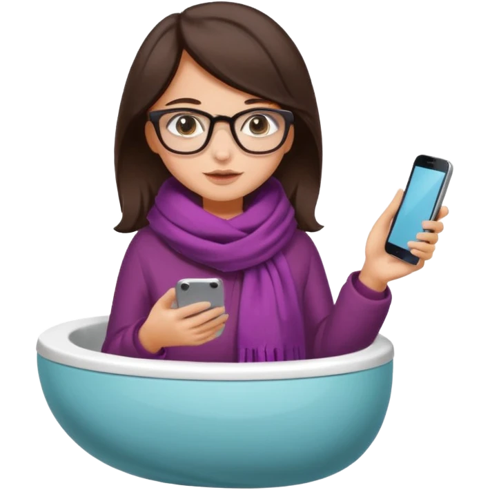 Fille châtain foncé avec lunettes. Elle porte une grosse écharpe. Elle est dans une cuvette de toilette. Téléphone en main emoji