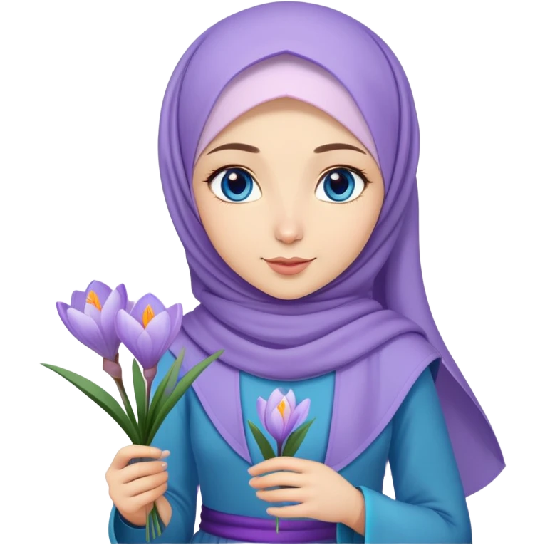 Turkish beautiful finish Konya girl blue eyes with crocus flower hijab long tail dress and hold crocus flower on hand  emoji