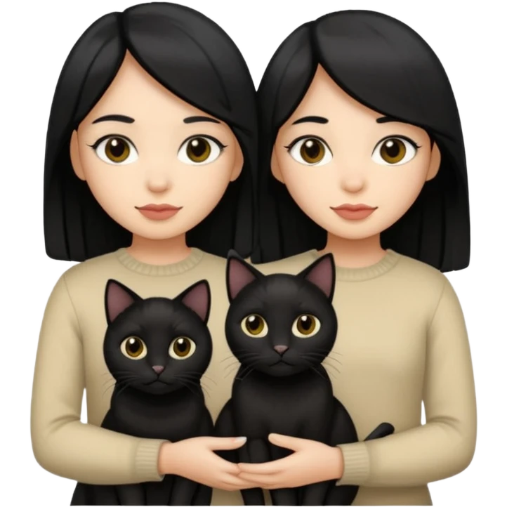 2 light skin tone girls with black straight hair holding 3 black cats emoji