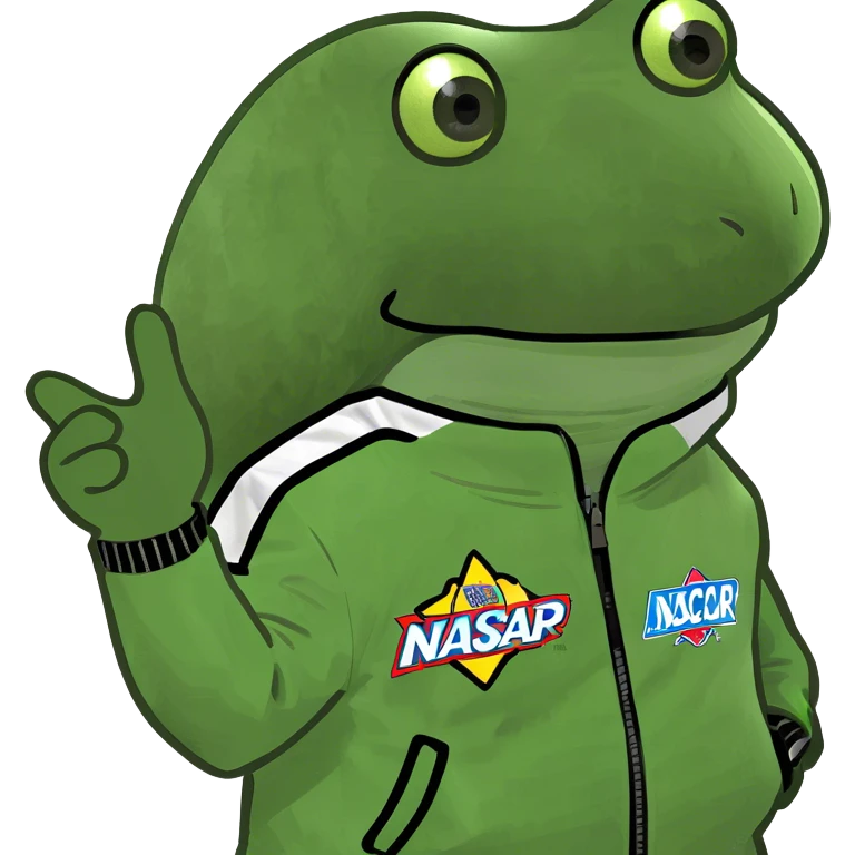 wearing a neon green nascar jacket that says "pump" emoji