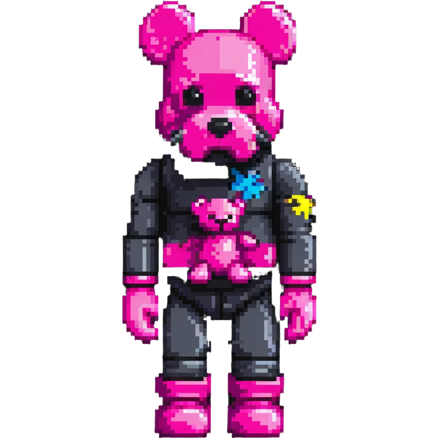 Pixel art KAWS Bearbrick figure with X eyes wearing a hot pink balaclava, blocky bear shape emoji