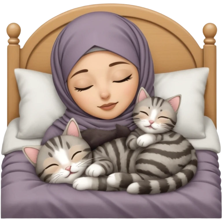 Hijabi sleeping in bed with grey tabby mum cat and kitten emoji