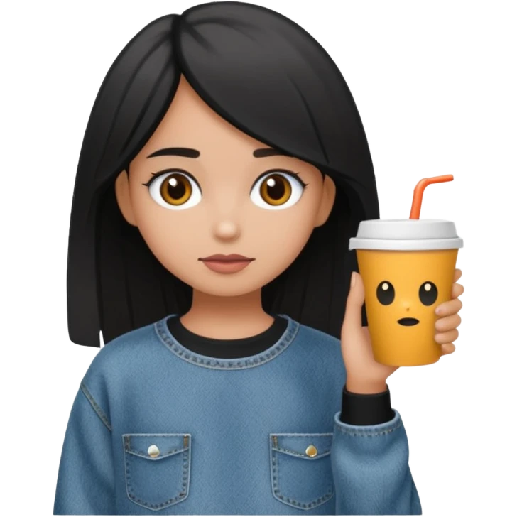 Niña colocha pelo negro ojos café suéter gris y baggy jeans emoji