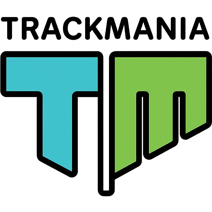 'Trackmania' word in bold modern font above a stylized 'T' and 'M' split vertically down the middle, icon-color-outlined style logo emoji