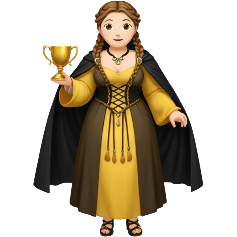 Helga Hufflepuff,brown-haired,2 braids,yellow-black medieval open dress,deep neckline,fat macromastia,black cloak decorated with gold braiding,gold cup with two handles,very kind smile,curvy busty sweet woman,round rosy cheeks,full length with medieval shoes emoji