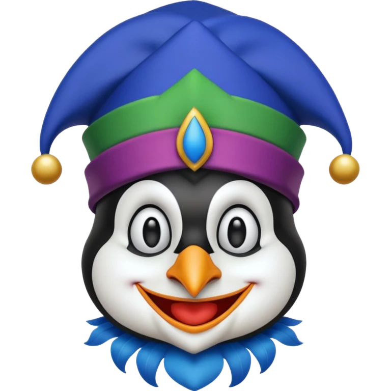 crazy funny colorful penguin jolly joker, medieval, vintage, court jester, mac os icon, blue color emoji