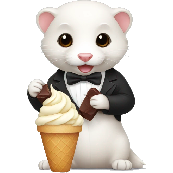 A ferret wearing a tuxedo eating chocolate ice cream emoji