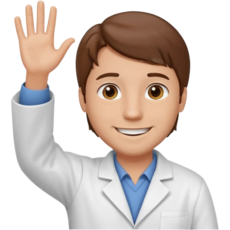 Hombre con bata blanca piel clara y cabello café saludando emoji