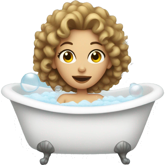 White Woman with curly hair drinking wine in a bubble bath emoji