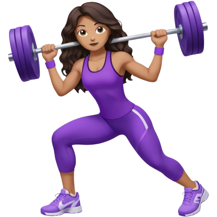 mujer de tez trigueña, con cabello castaño oscuro ondulado hasta la cadera estilizado, con ropa deportiva morada/lila, tenis blancos deportivos y levantando una pesa emoji