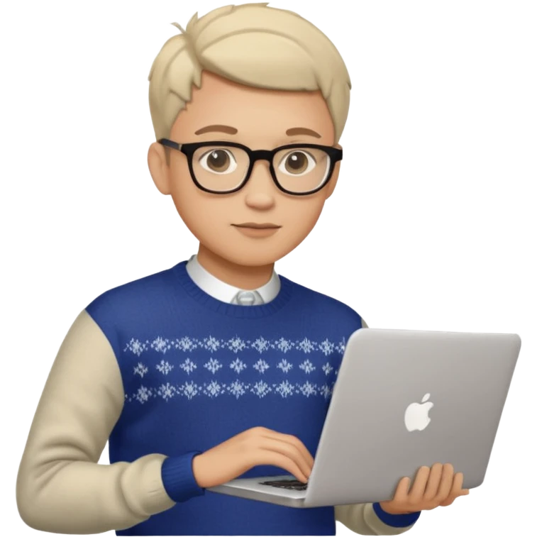 male memoji, attractive man with glasses, stylish haircut, elegant sweater, holding a laptop, charming intelligent look emoji