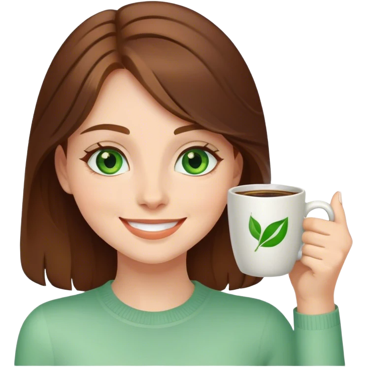 Brown haired girl with green eyes drinking coffee, smiling and waving emoji