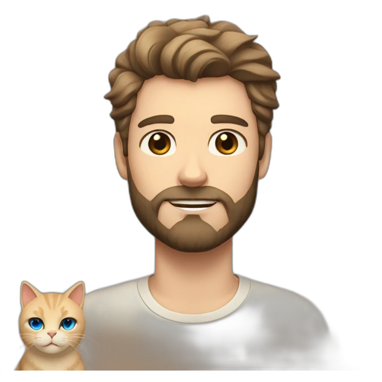 white man with dark beard hair blue eyes with a big fluffy beige cat emoji