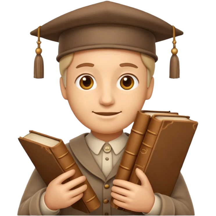 Apple Memoji-style 3D emoji of a historian holding scrolls or old books, soft shading, rounded shapes, no background.
 emoji