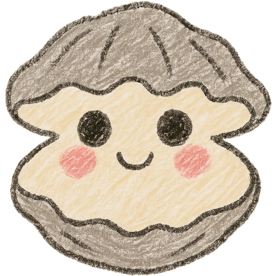 cute oyster, cream color, pink cheeks, doe eyes, greige shell, children doodle style emoji