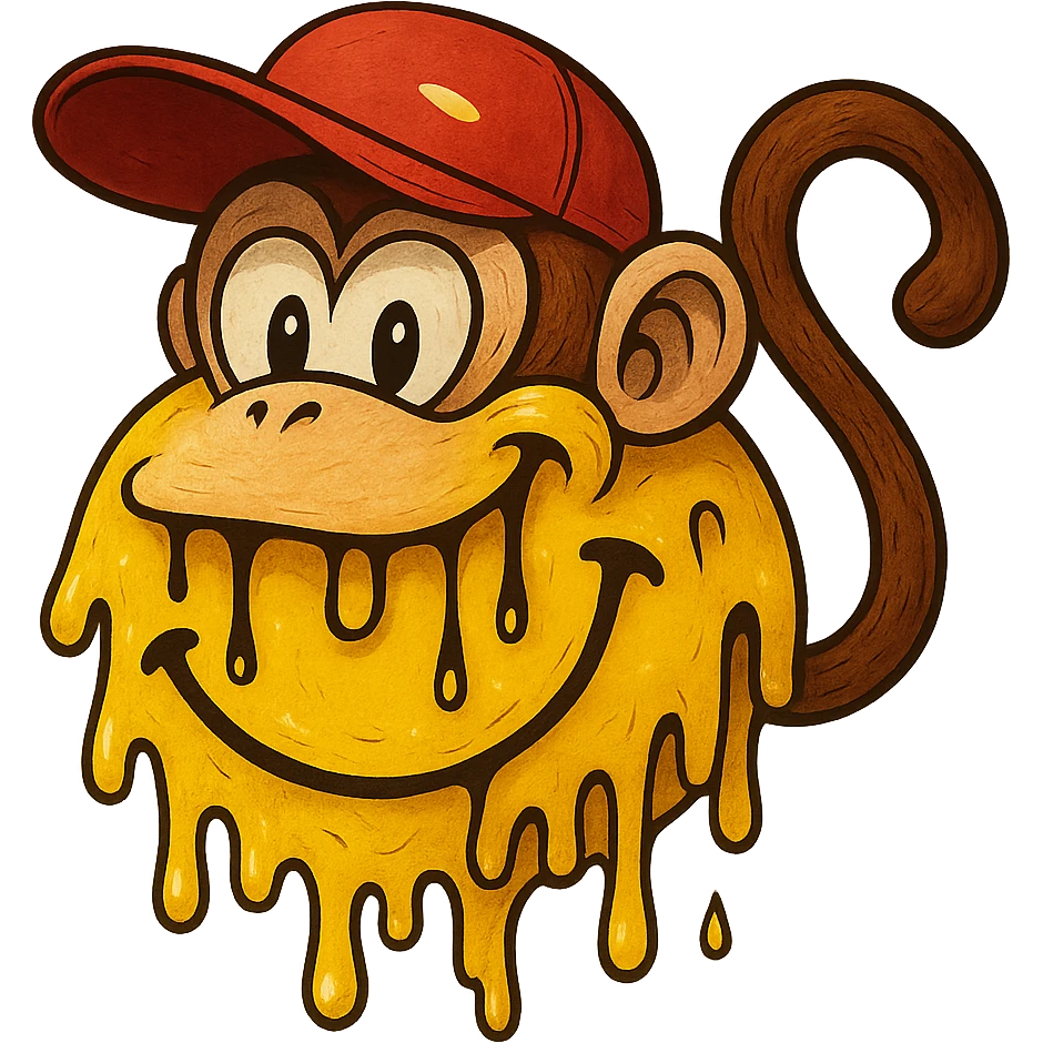 Diddy Kong as a melting smiley face, playful and surreal, drippy, expressive emoji