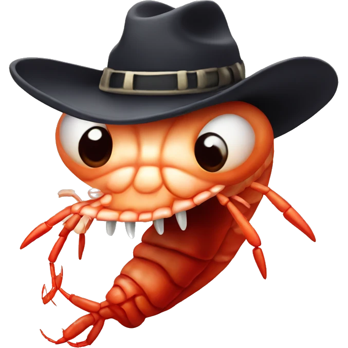 Shrimp with a cowboy hat and vampire fangs emoji