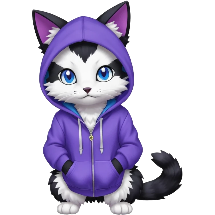Black cat-garurumon-purloin-feline-Fakemon-Digimon-creature wearing a violet hoodie fursona (full body)  emoji