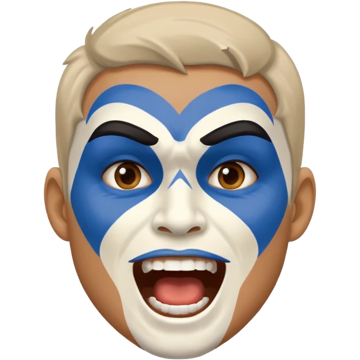A man with half-blue, half-white face paint, shouting proudly. emoji