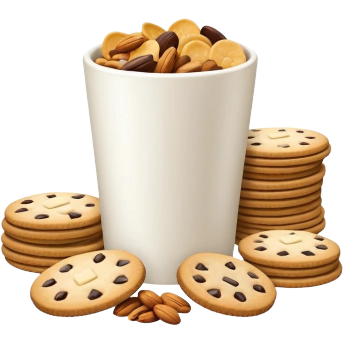 3D minimal icon with a variety of snacks (chips, cookies, crackers, nuts) arranged abundantly, plus a small neutral cup (not a soda cup). Include a subtle accent in #FF3D00. Clean and modern style. emoji