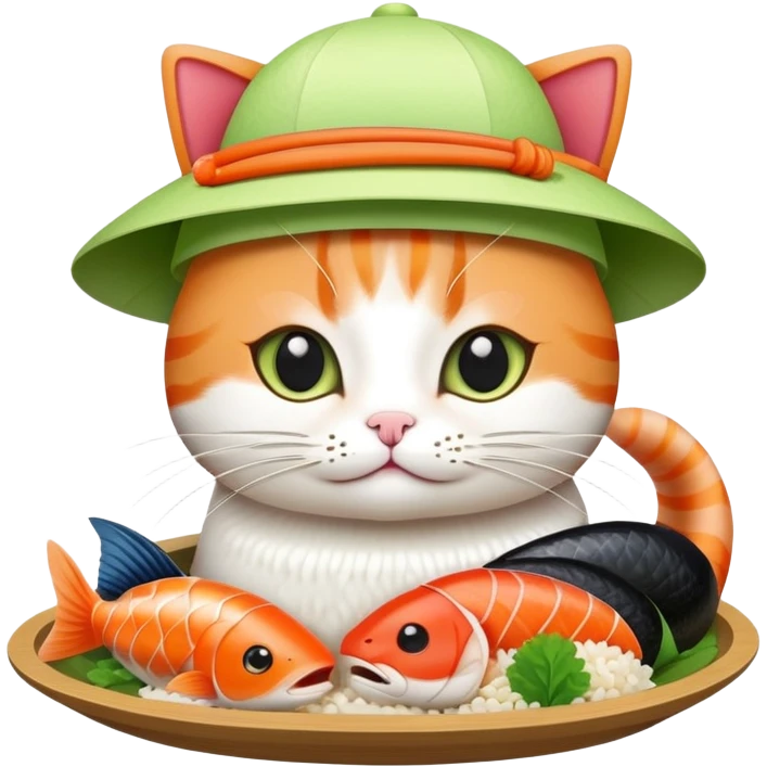 cat wearing a hat with a rice base, multiple fish pieces on top, and wasabi accent, sushi hat emoji