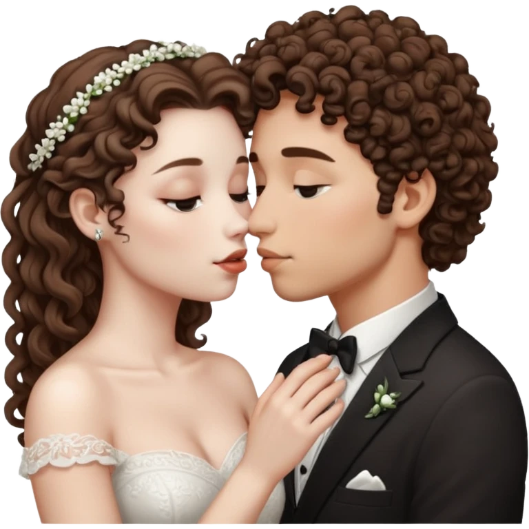 A couple kissing, the man would be white-skinned, mid fade-curly, brown-hair. The serious woman with white skin, brown color emoji