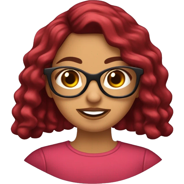 chica joven con cabello semicorto ondulado de color rojo borgoña , con lentes y brackets , ojos carmelitas almendrados , labios gruesos y rosados , pestañas largas , cejas finas pero prominentes , nariz fina y respingada , piel blanca rosada emoji