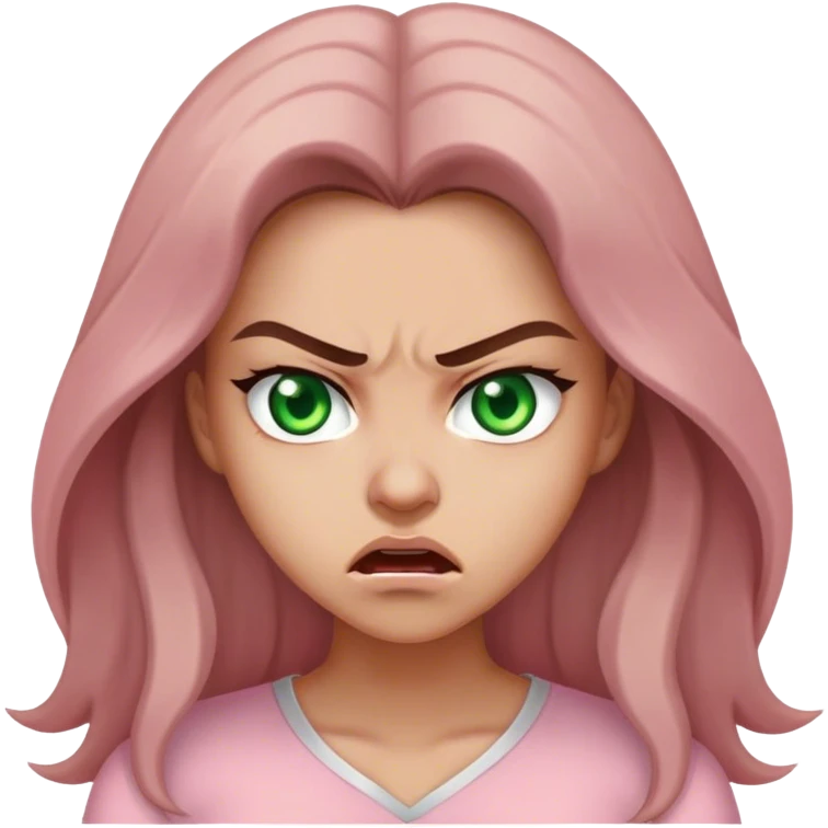 pretty woman with very long brown hair and green eyes and light pink outfit angry emoji