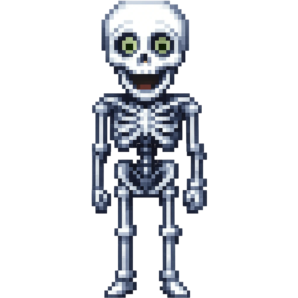 A surprised skeleton in pixel art style, version 1, with a happy expression. emoji