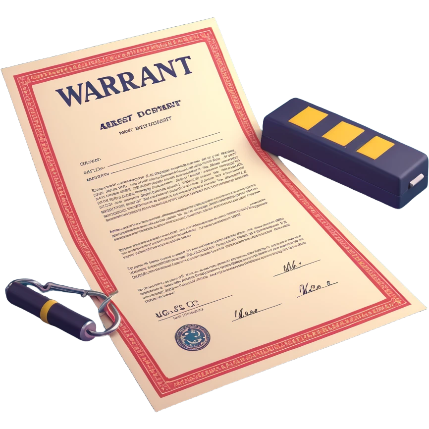Make the paper of the 3D arrest warrant document icon more white, keeping the large 'WARRANT' at the top, body text, signature, and official stamp at the bottom. Maintain the 3D, icon-like style with bright lighting and transparent background. emoji