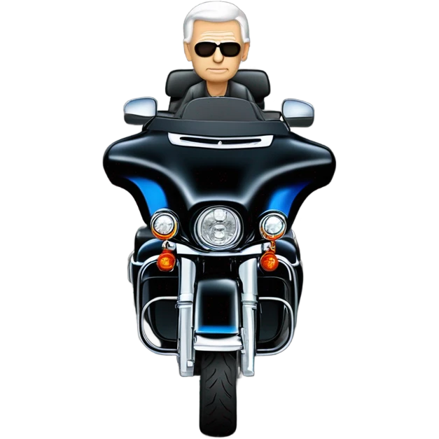 angled frontend view of a harley davidson electra glide ultra classic with big blue pearl and vivid black two color paint scheme with recurve windshield, a radio antenna and a citizen's band radio antenna and an older white man without a helmet sitting on the front seat. emoji
