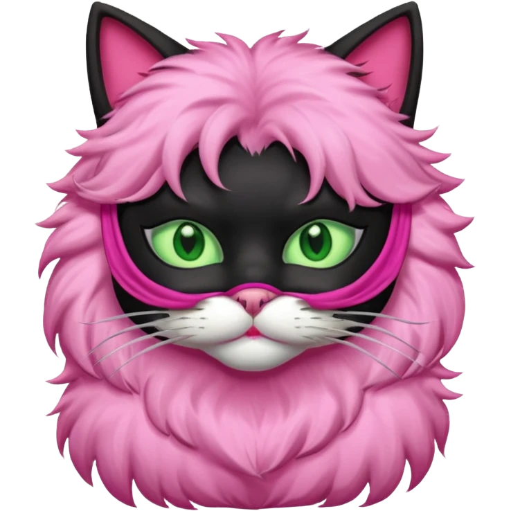 a black cat with pink mask and shirt, half upon
 emoji