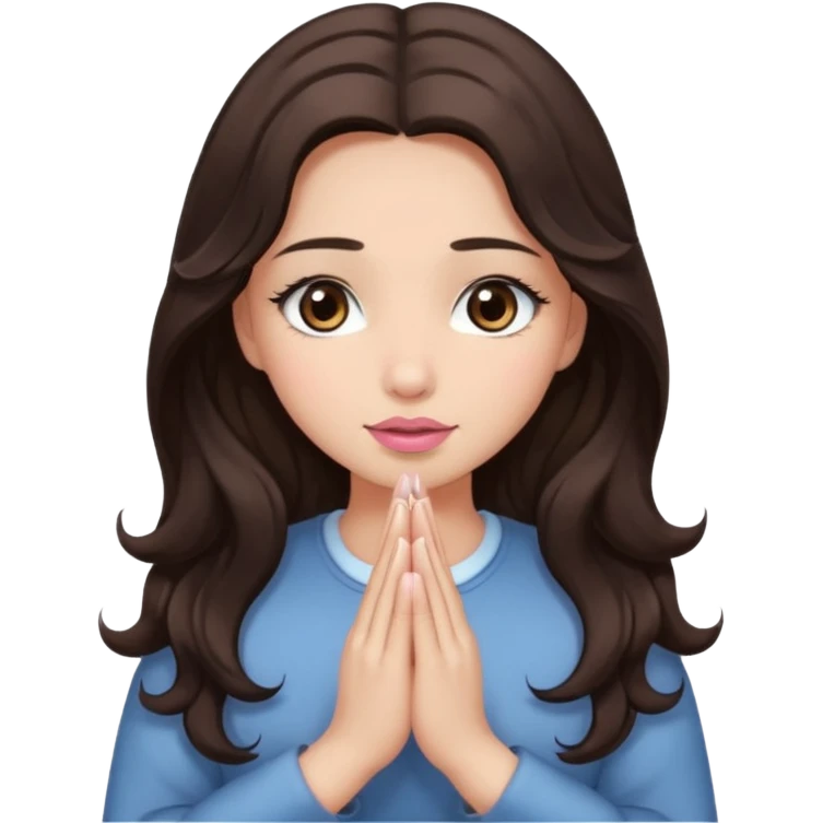 girl with wavy long glamorous dark brown hair, brown eyes, light to medium complexion, long lashes, light pink lipstick, praying emoji