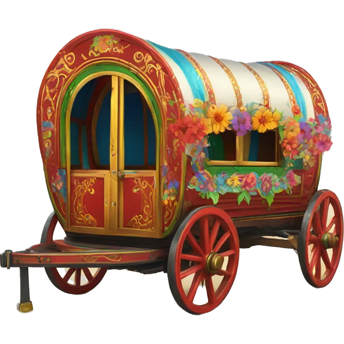 Traditional gypsy wagon with red, gold green, blue. Flowers and gypsy art painted on the sides colorful emoji