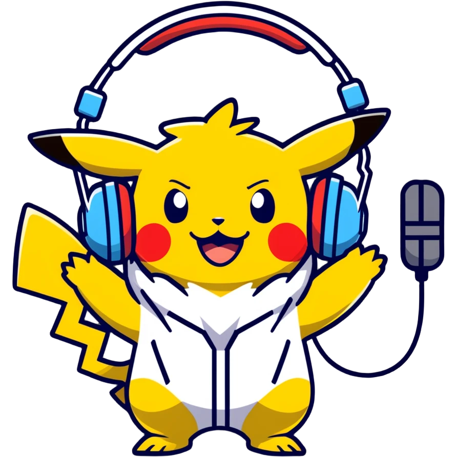 Hot handsomeb muscular 6ft tall smiling happy clean shaven Ash Ketchum being a  dj and his music rocks while kissing pikachu in his ball emoji