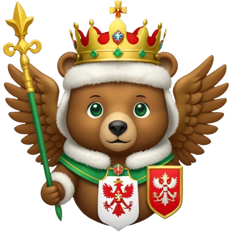 Cute brown bear head with green eyes, wearing white fur ushanka hat with Russian coat of arms: golden double-headed eagle with spread wings, three crowns connected by ribbon, scepter in right claw, orb in left claw, red shield on chest with St. George slaying dragon, iOS emoji style emoji