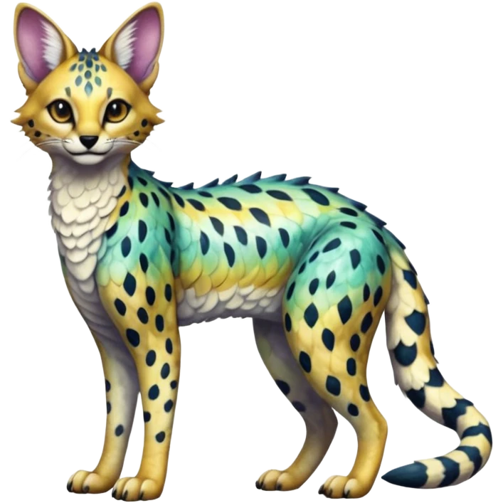 Epic scaley scaled iridescent complex detailed realistic aesthetic-scenic-Fakémon-Trico-Sergal-Serval-Vernid-creature emoji