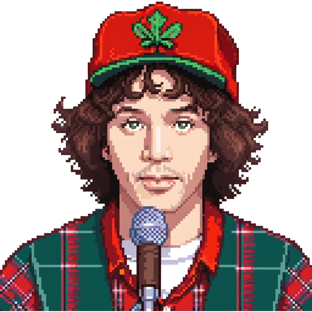 Nardwuar with red plaid hat interviewing emoji