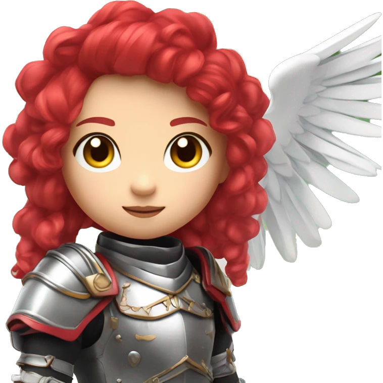 Make a anime 3D Poland doll girl with half white and red hair and wears a metal hussar armor and she have a polish symbol in her hair and she have white wings and she's cute and she's outside in a Park in real life  emoji