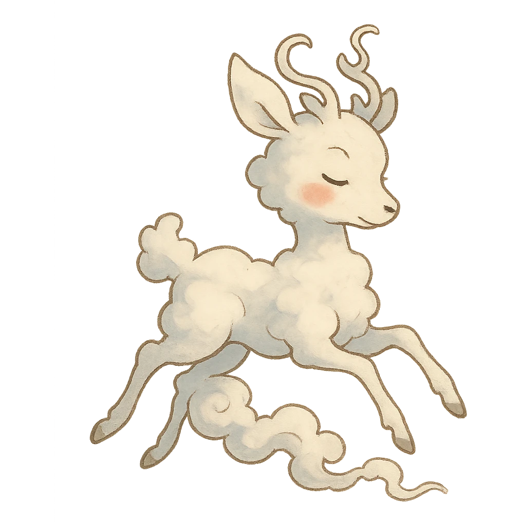 vanilla cloud doe with rosy cheeks, floating gracefully with witch-like elegance, brand identity mascot for social media, Ghibli style emoji