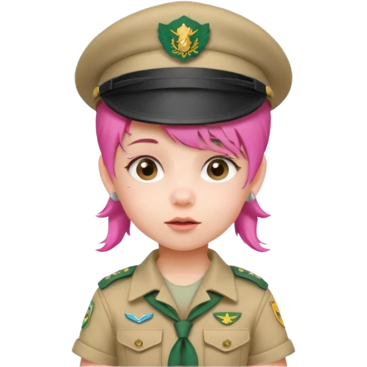 very small baby scout girl with pink hair and scout hat emoji