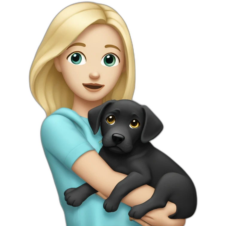 A blonde girl  with blues eyes, with smooth hair and a ray,she has light skin a few freckles, and she wear a hoodies and she Carries in his arms a black baby labrador dog  emoji